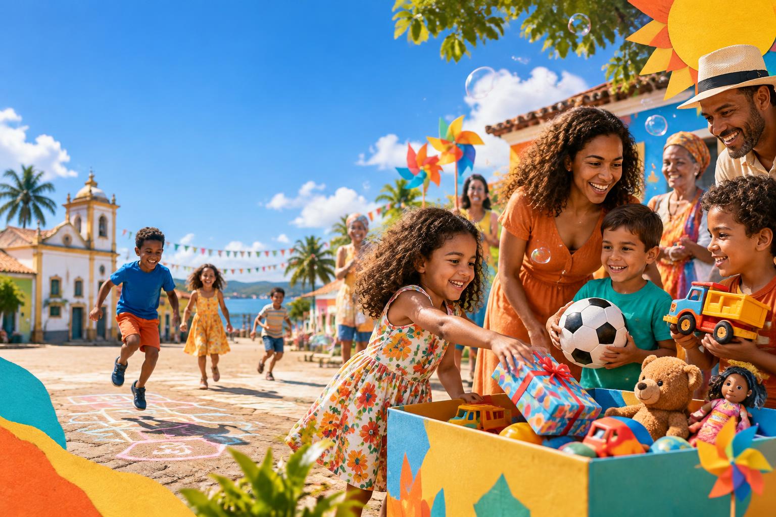 Famílias e crianças reunidas em uma manhã de brincadeiras e doação de brinquedos